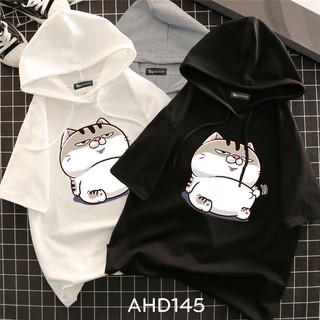 AHD145 Áo thun teen nam nữ HOODIE TAY LỠ CÓ NÓN hình mèo ami bụng bự