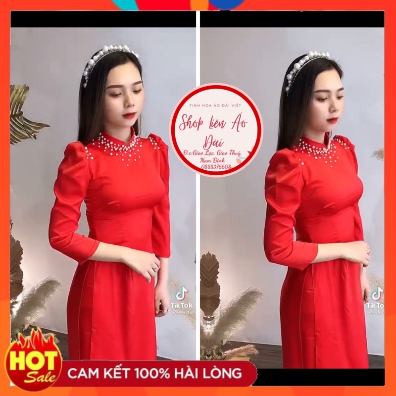 Áo dài đỏ tươi tay lỡ đính ngọc phần cổ và vai, 2 tà chất vải lụa tây thi