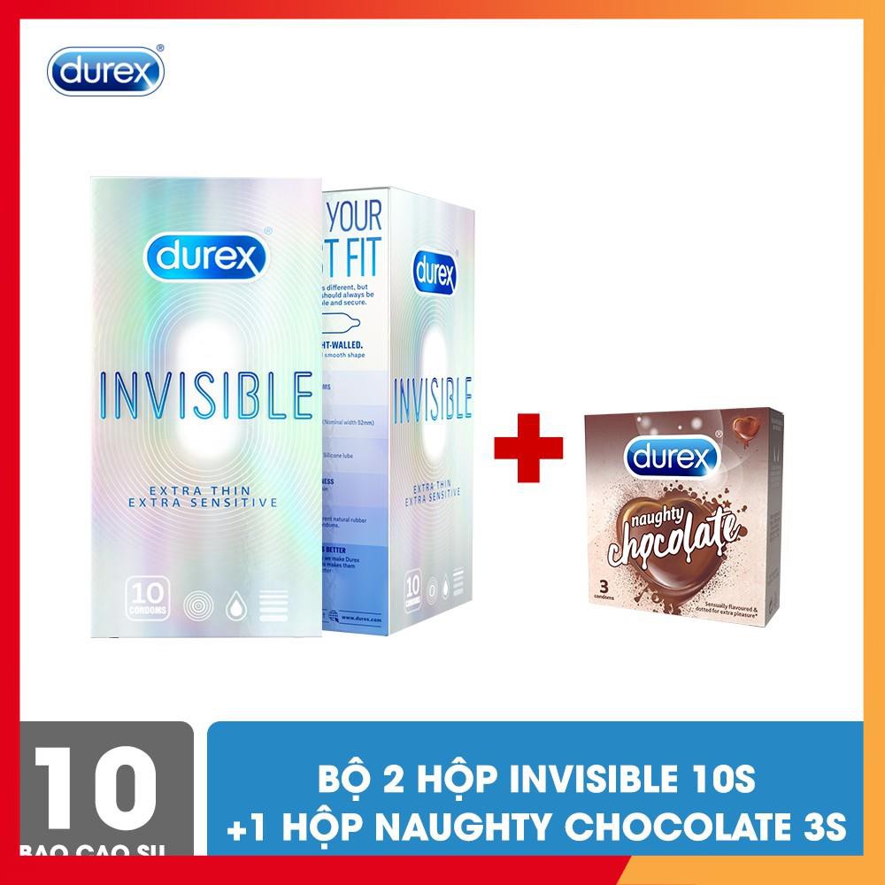 [SIÊU GIẢM GIÁ] Bộ 2 Bao cao su Durex Invisible (10 bao/hộp, size 52mm) + Tặng 1 hộp Durex Naughty Chocolate (3 bao/hộp)