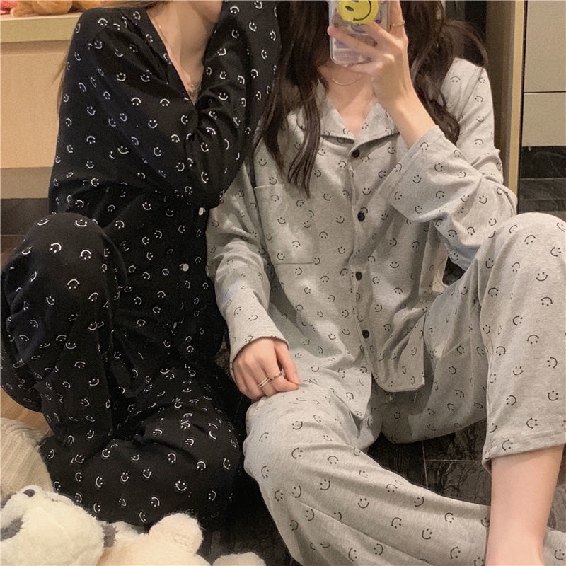 Bộ đồ ngủ tay dài dáng rộng phong cách Hàn Quốc dễ thương thời trang xuân thu cho nữ