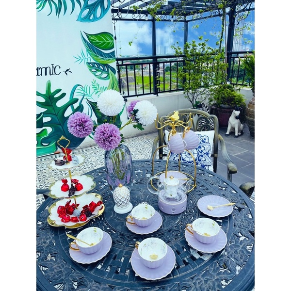 Bộ trà hoa sứ xương màu Pastel tiểu thư siêu đẹp- Bộ ấm chén