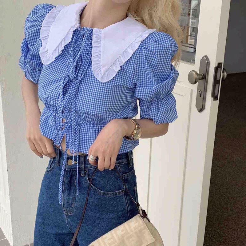 Áo sơ mi croptop tay ngắn cổ bèo kẻ sọc xanh phong cách Hàn Quốc
