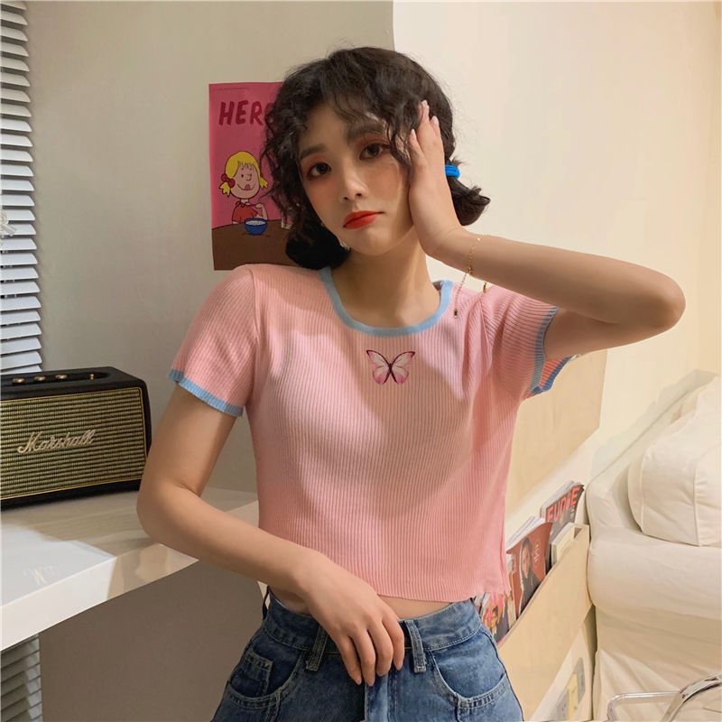 Áo thun nữ tay ngắn in hình bướm phong cách Harajuku phiên bản Hàn