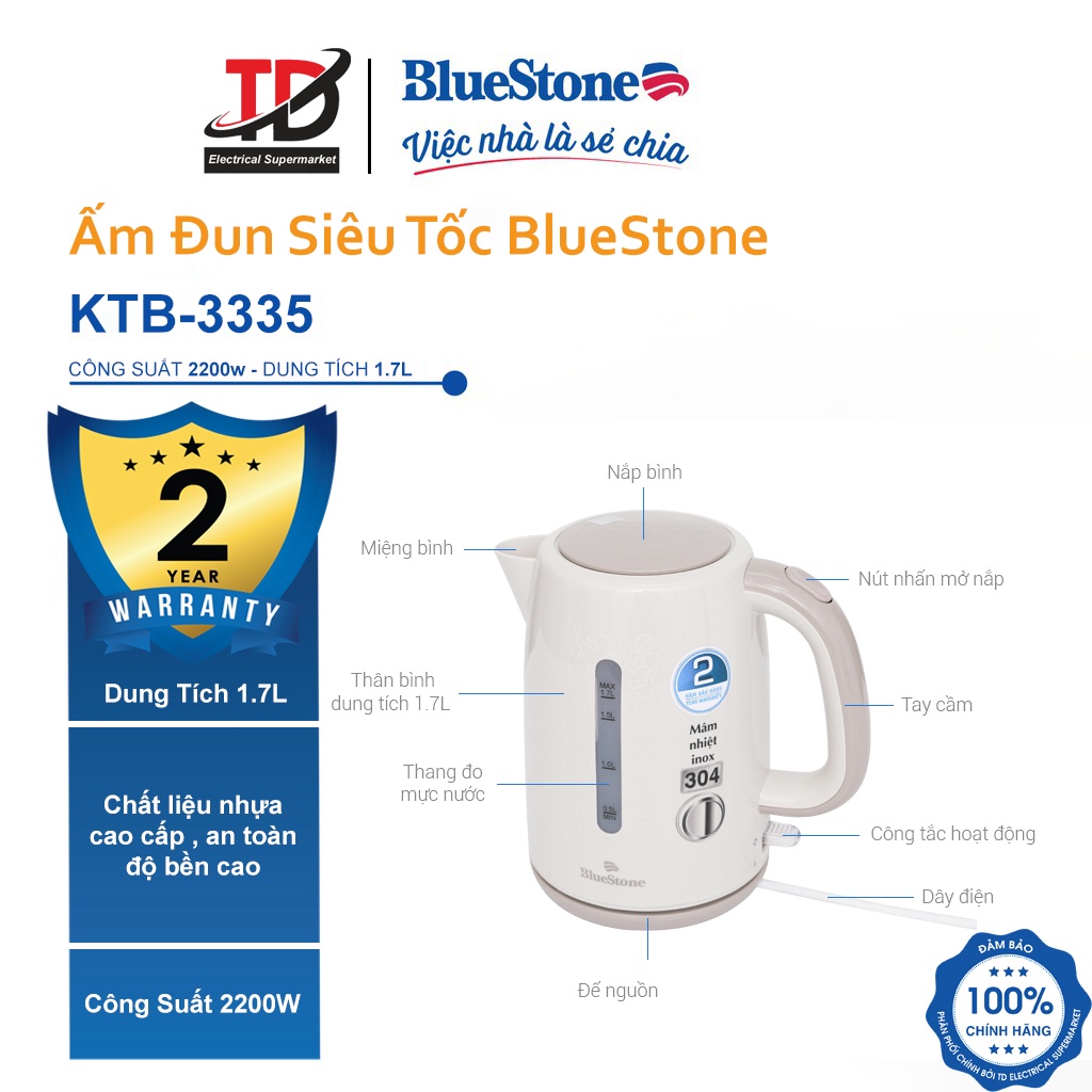 Ấm Đun Siêu Tốc Bluestone KTB-3335 (2000W) Dung Tích 1.7L - Bảo hành chính hãng 2 năm