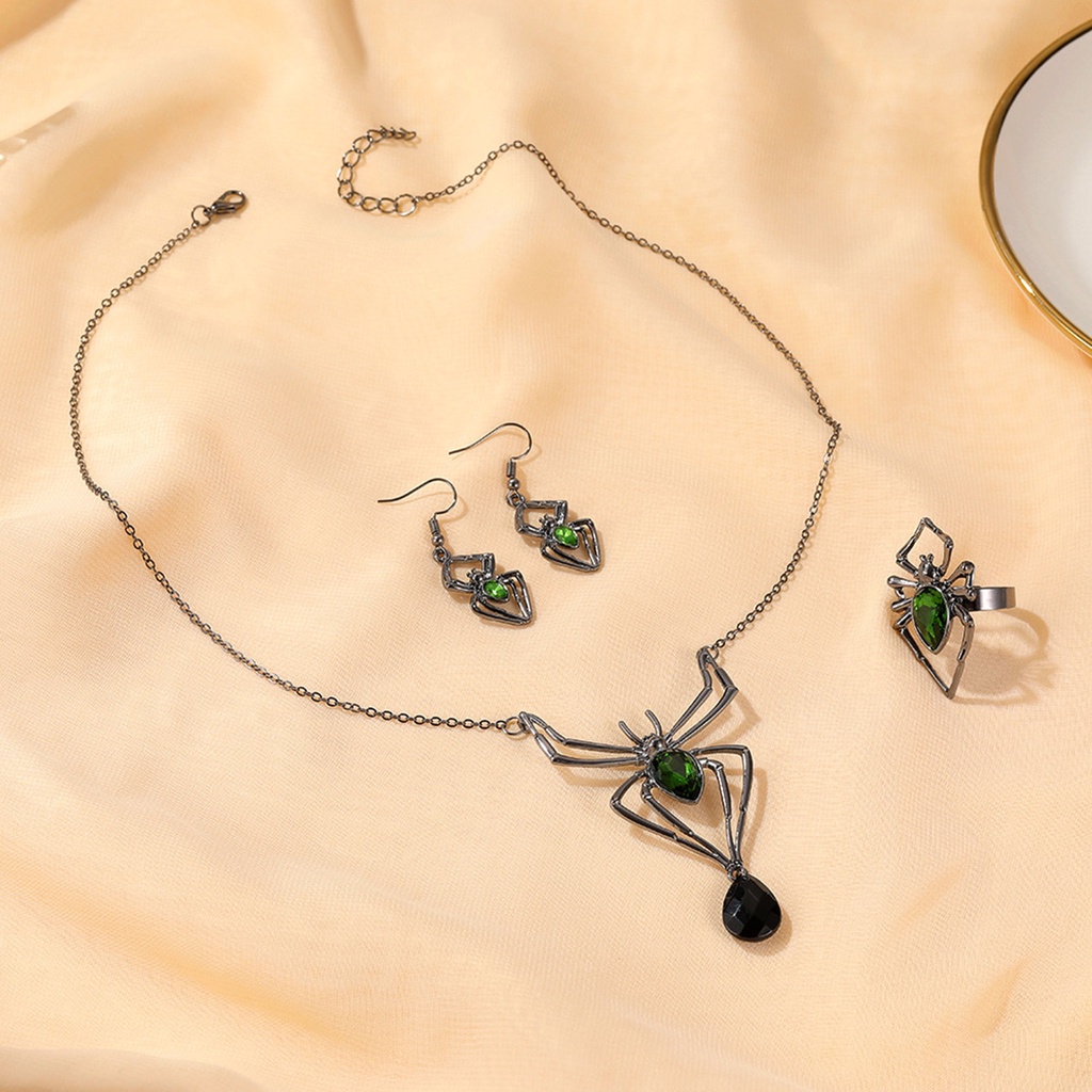 Bộ Vòng cổ + Bông Tai + Nhẫn Hình Nhện Đính Đá Cho Nữ