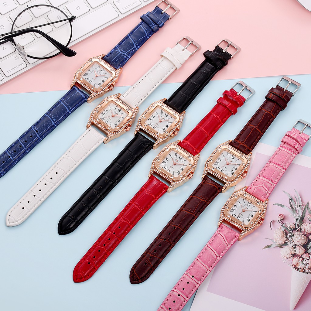 Đồng hồ cơ phối dây da mặt hình vuông đính đá nhiều màu sắc thời trang cho nữ