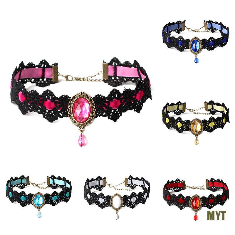 Vòng Cổ Choker Vải Nhung Màu Đen Đính Đá Pha Lê Phong Cách Gothic Vintage