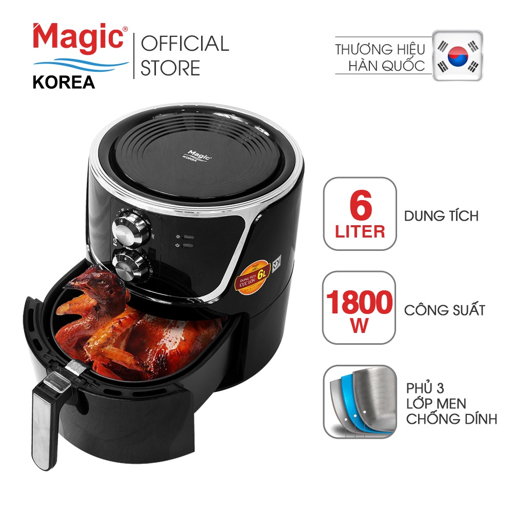 Nồi chiên không dầu Magic Korea A-801 Đen 6L cho gia đình 6-8 người,chiên nướng nguyên con gà 1.8kg - Hàng chính hãng