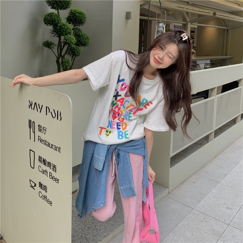 SUXI Women's Summer Letter Print Round Neck White Loose Short Sleeve T-shirt