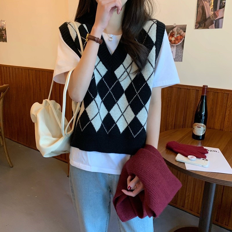 Áo gile kẻ caro vintage Shally-  áo không tay dáng xuông cá tính