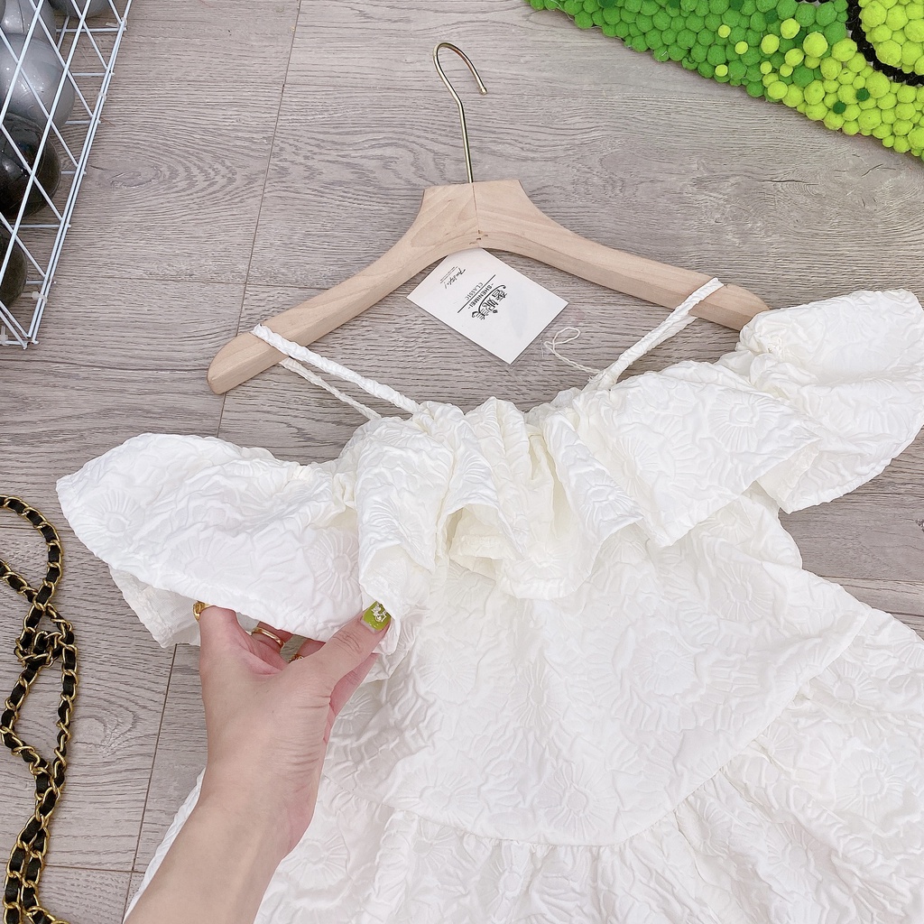 Váy 2 dây trễ vai xốp hoa nổi xòe xinh xắn đầm dự tiệc nữ LD156