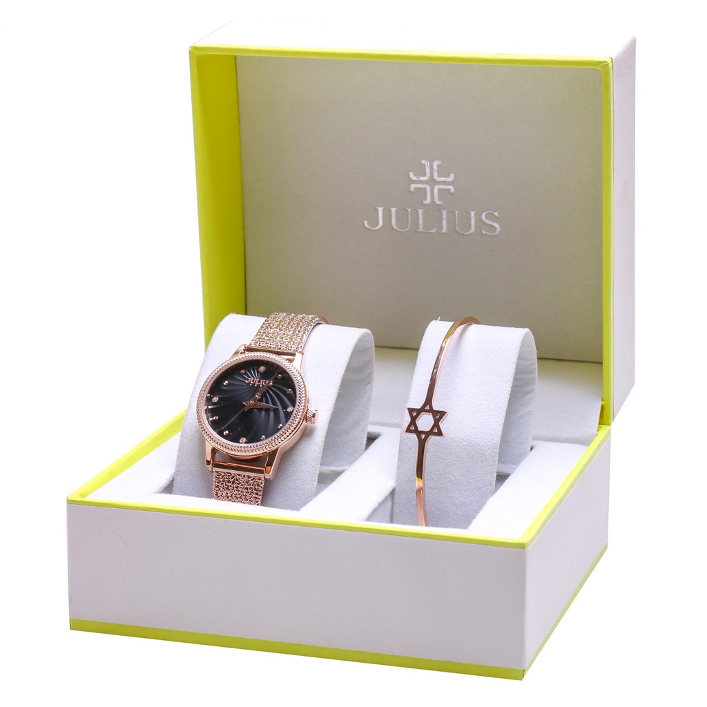 Đồng hồ nữ JA-1219D Julius Hàn Quốc dây thép (mặt đen)
