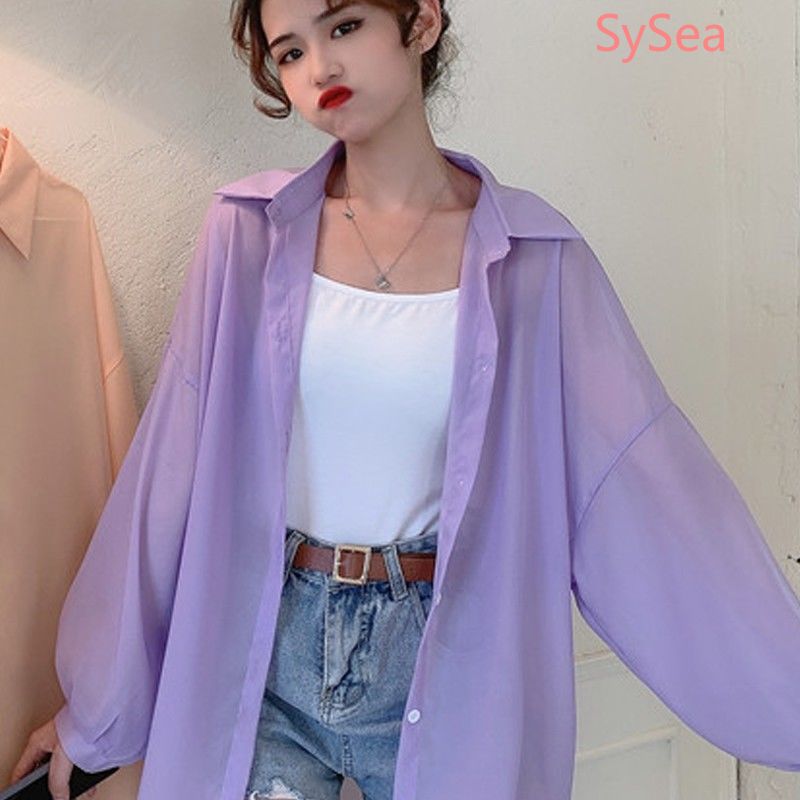 Áo Sơ Mi Tay Dài Chất Chiffon Thiết Kế Dáng Rộng Che Khuyết Điểm