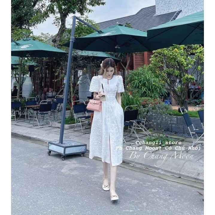Váy Gấm Khoét Vai Dáng Xoè Ôm Eo Chất Gấm Sốp Cao Cấp
