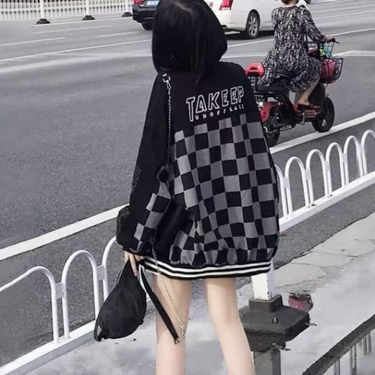 Áo bomber nam nữ, Áo khoác nỉ kẻ caro takep phom rộng tay bồng chất dày dặn phong cách ulzzang hàn quốc