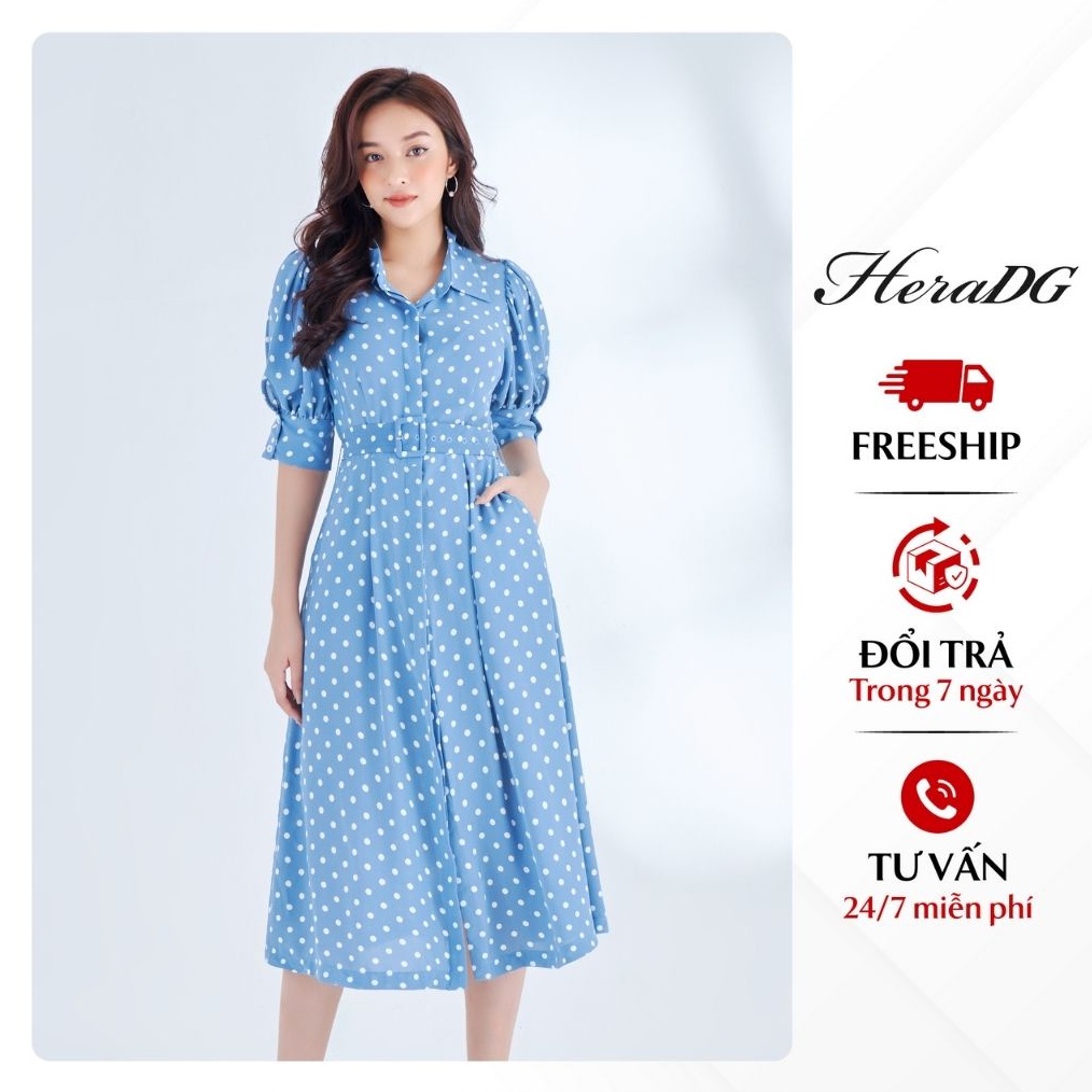 Đầm Công Sở Dáng Xòe Nữ HeraDG Thiết Kế Cổ Đức Tay Lỡ Phối Họa Tiết Chấm Bi , Chất Vải Mềm Mịn Chống Nhăn Xù SDCBA002