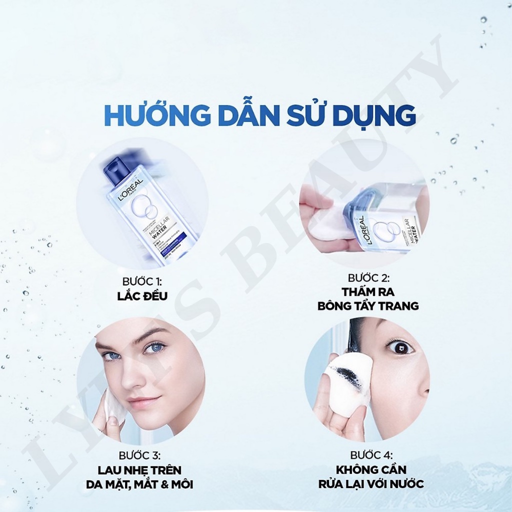 Nước tẩy trang Loreal 3 in 1 Paris Micellar Water 400ml, Toner không cồn cho mọi loại da đặc biệt là da dầu mụn nhạy cảm