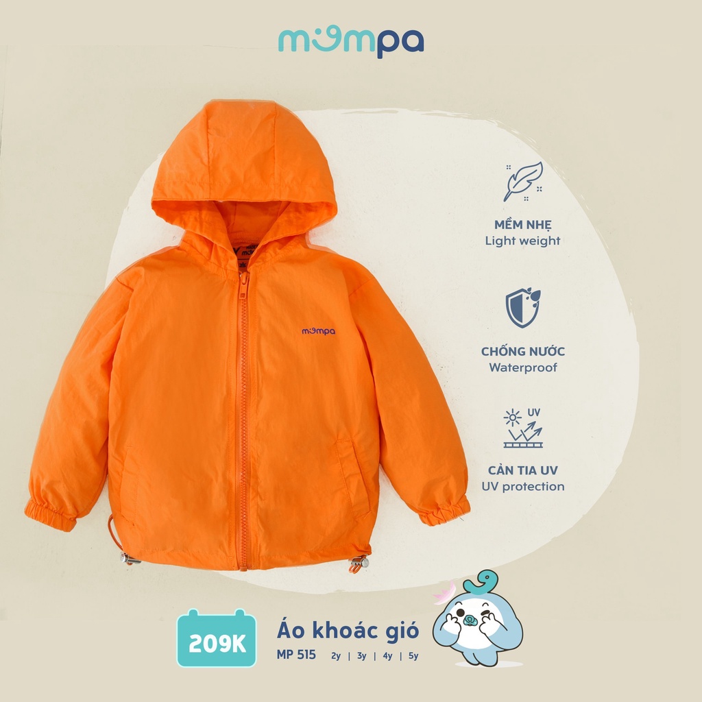 Áo khoác gió cho bé 2 đến 5 tuổi chất liệu mềm nhẹ chống nước tia UV bảo vệ bé Mompa 515