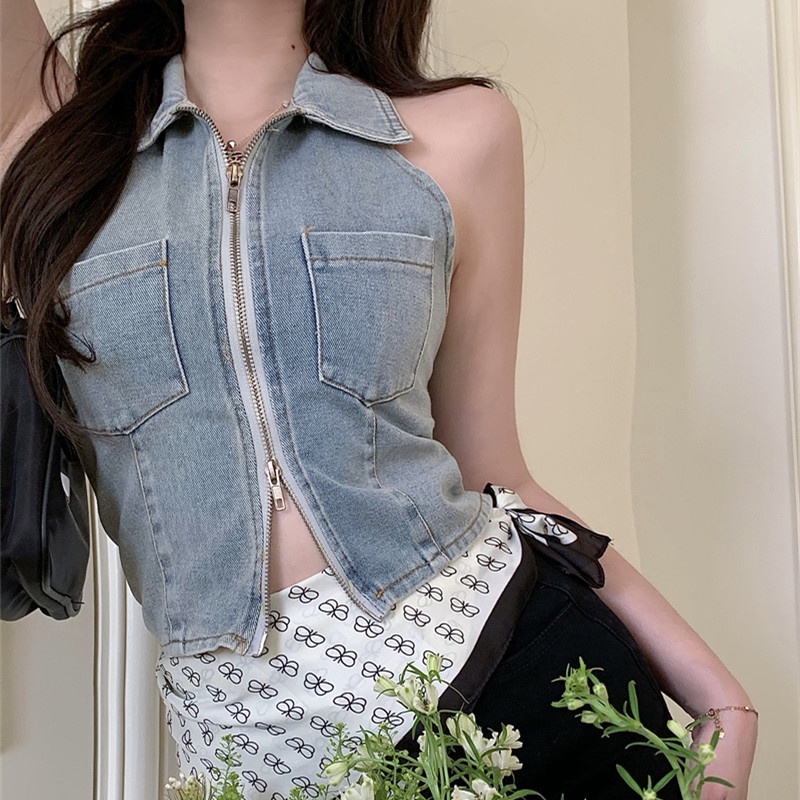 Áo Denim Không Tay Thiết Kế Quyến Rũ Thời Trang