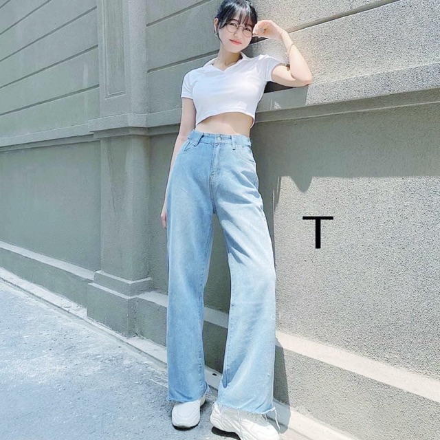 Sét quần bò ống rộng rua gấu + áo polo croptop TT12