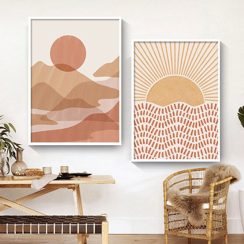（Khung tranh gỗ rắn）Đường nét trừu tượng Hình dạng Retro Sun Boho Bắc Âu Áp phích và in Tường nghệ thuật Canvas Tranh treo tường Hình ảnh cho trang trí phòng khách