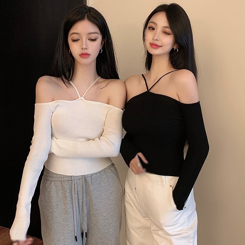 Áo croptop nữ dệt kim tay dài thiết kế trễ vai thời trang màu sắc thanh lịch