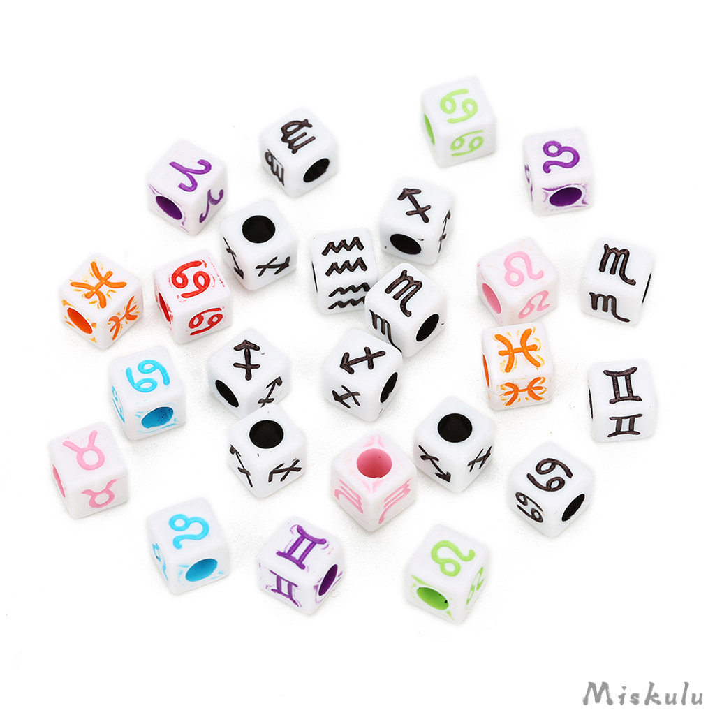 100 Pieces 6mm/7mm/10mm Large Hole Acrylic Cube Spacer Beads Loose Zodiac Beads Charm 4mm Hole Horoscope Beads Fit European Bracelet Jewelry