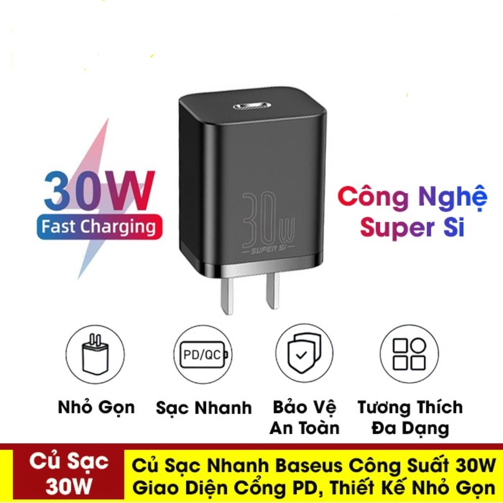 Củ sạc nhanh 30w cho iPhone iPad android Samsung xiaomi oppo công nghệ super si thiết kế nhỏ gọn chính hãng baseus