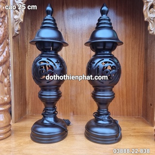 Cặp đèn thờ gỗ xà cừ cao 25 cm phúc lộc thọ loại 1