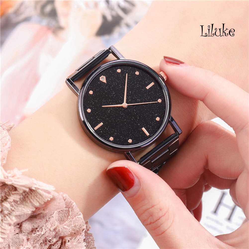 Đồng Hồ Đeo Tay Mặt Tròn Họa Tiết Sao Lấp Lánh Dây Thép Không Gỉ Thanh Lịch Cho Nữ