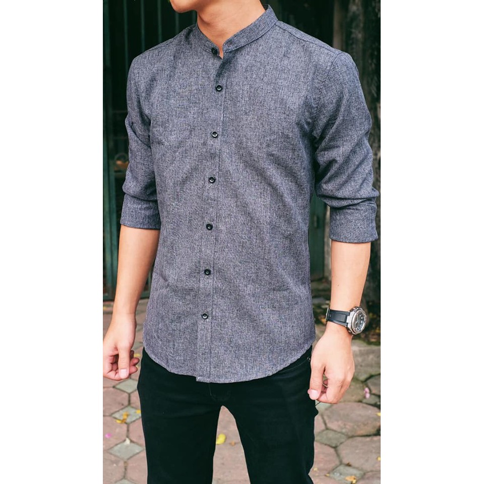 Áo sơ mi cổ tàu màu xám tiêu, sơ mi nam cổ tàu chất đũi | BigBuy360 - bigbuy360.vn