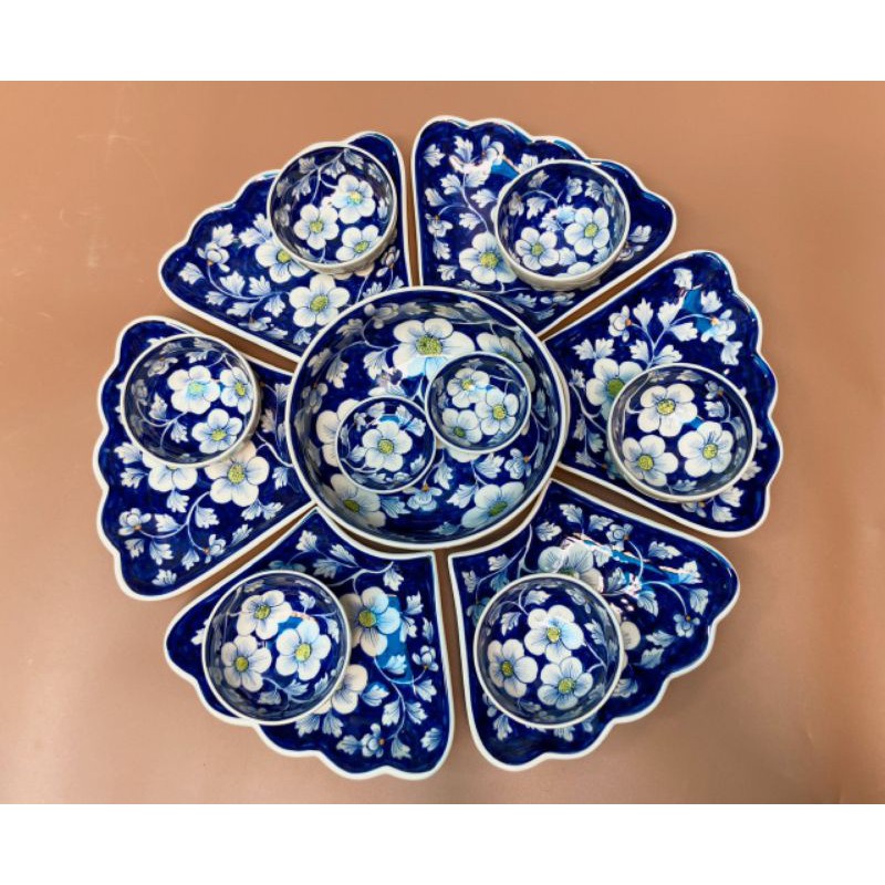 [ MẪU MỚI ] Bộ bát đĩa hoa mặt trời vẽ hoa mai băng xanh, size 55cm - Gốm Bát tràng - Bày mâm cơm gia tiên hoặc gia đình