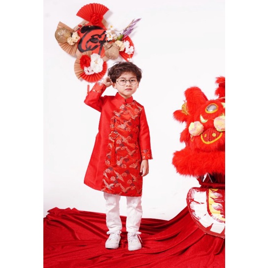 Áo dài bé trai phối gấm hạc Mialy Kids cho bé trai (17-20kg) - chất Taffa Hàn phối gấm hạc nổi có độ bền cao
