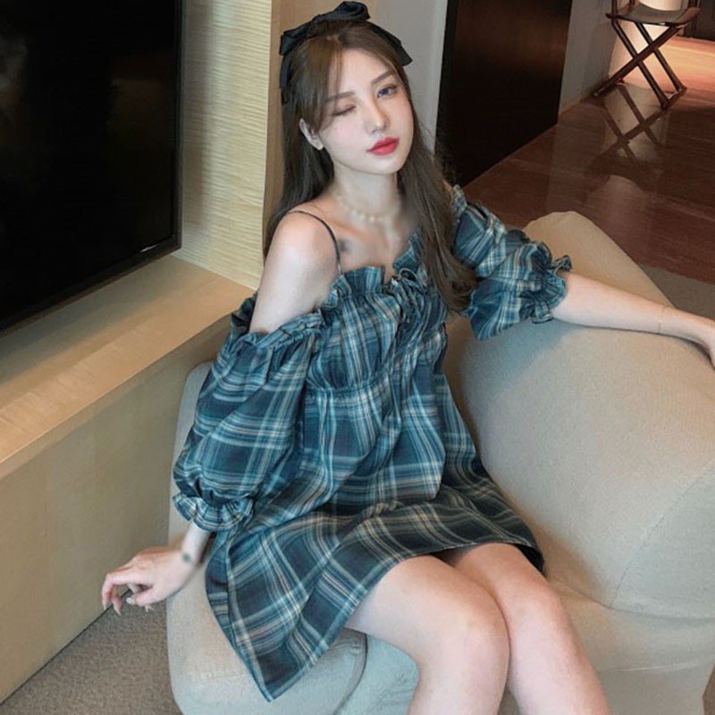 French Strap Off Shoulder Bubble Sleeve Fairy Retro Waist Check Dress | BigBuy360 - bigbuy360.vn