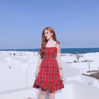 ĐẦM CARO ĐỎ 2 DÂY CHÂN BÈO (ảnh thật)