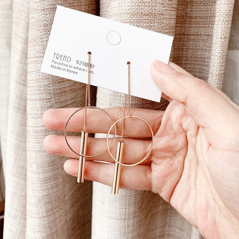 Bông tai Bạc 925 Phong Cách Hàn Quốc - HOA TAI HÌNH HỌC TRÒN DÁNG DÀI ( Cao Cấp )- ẢNH CHỤP THẬT