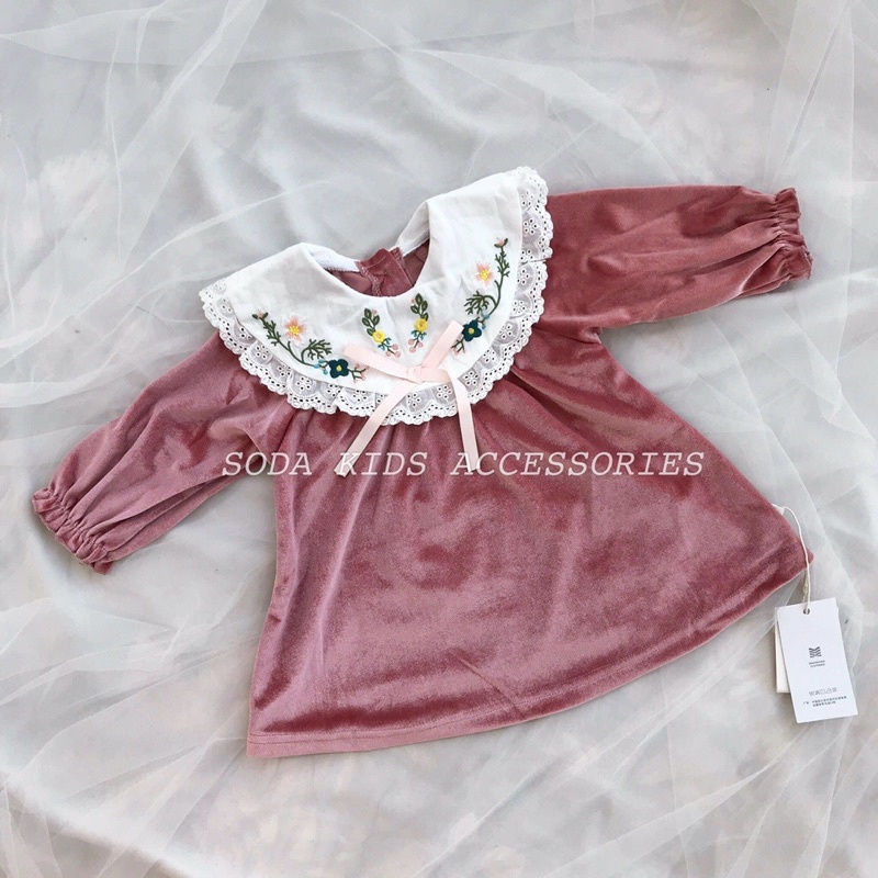Váy nhung hồng cổ nơ thêu hoa (Ảnh thật)