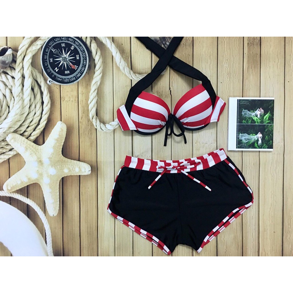 Bikini đồ bơi nữ thời trang quần short họa tiết sọc