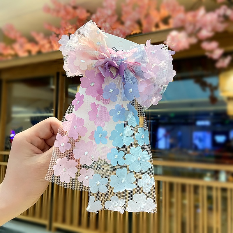 Kẹp tóc hình nơ lưới họa tiết hoa nhí phong cách Hàn Quốc dễ thương cho bé gái