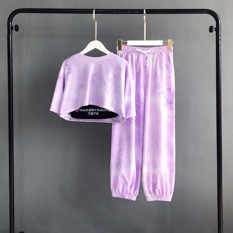 [NGUYÊN SET] Set áo croptop + bra đen + quần dài loang màu | BigBuy360 - bigbuy360.vn