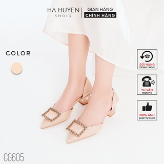 Giày cao gót nữ HÀ HUYỀN lụa khoét eo đính đá chữ nhật gót vuông kim loại 5 phân - CG605