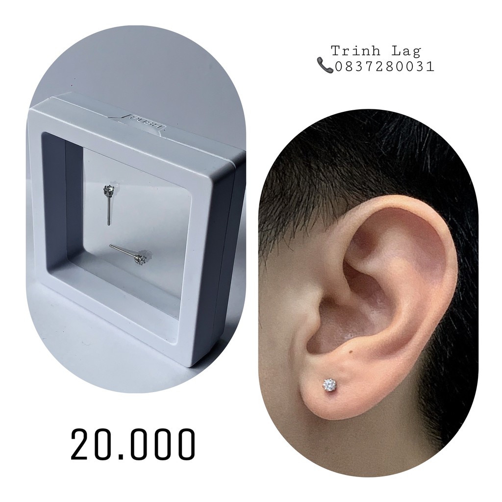 Khuyên tai cơ bản đá trắng khối tròn 3mm nút gài (ảnh shop tự chụp)