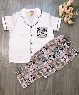 Bộ Lụa Satin Mickey Tay Ngắn Quần Dài