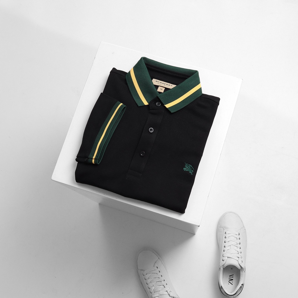 ÁO THUN POLO CỔ DỆT 3D BURBERRY NGỰA REGULAR FIT VẢi COTTON GAI CO GIÃN BBR2 MÀU ĐEN