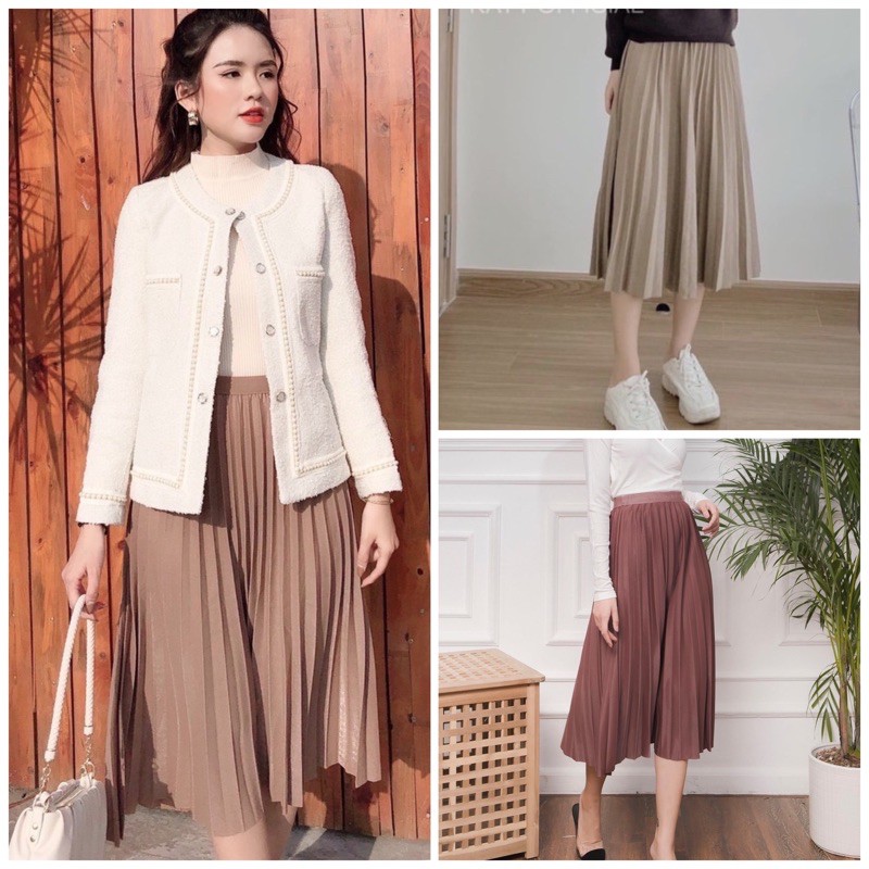 Chân váy xếp ly dáng midi chất dạ pha mịn hàng chuẩn quảng châu cao cấp mã CVD1955 | BigBuy360 - bigbuy360.vn