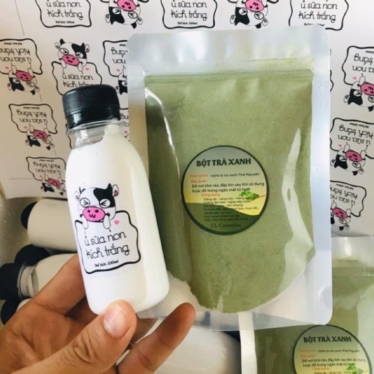 combo 100gr Bột trà xanh + ủ trắng sữa non (tặng que và cọ) đắp mặt