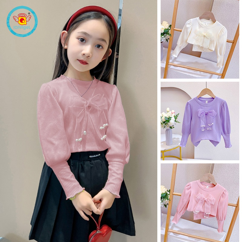 IQ Angel Áo Thun Tay Dài Đính Nơ Thoải Mái Thời Trang Cho Bé Gái