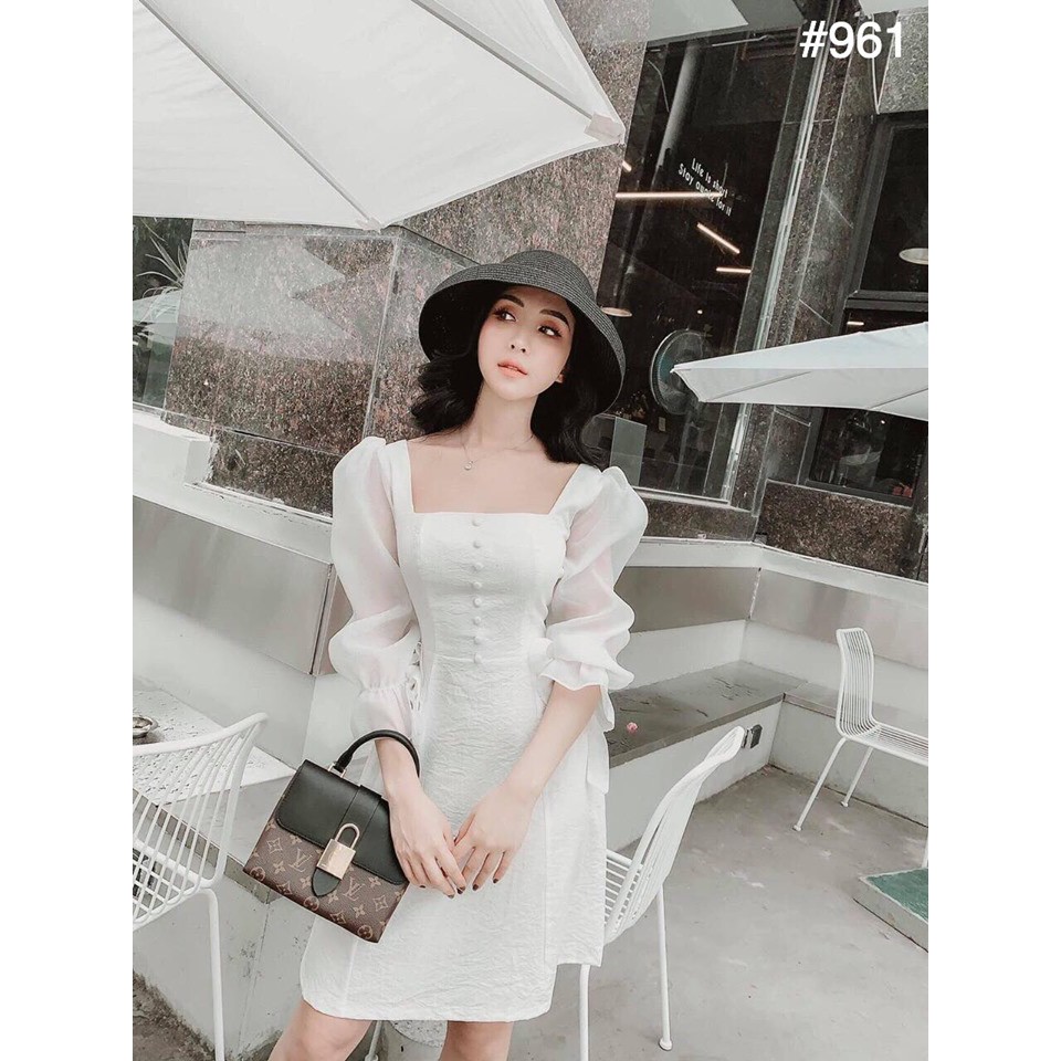 Đầm trắng cổ vuông tay xốp phồng dịu dàng nữ tính | BigBuy360 - bigbuy360.vn