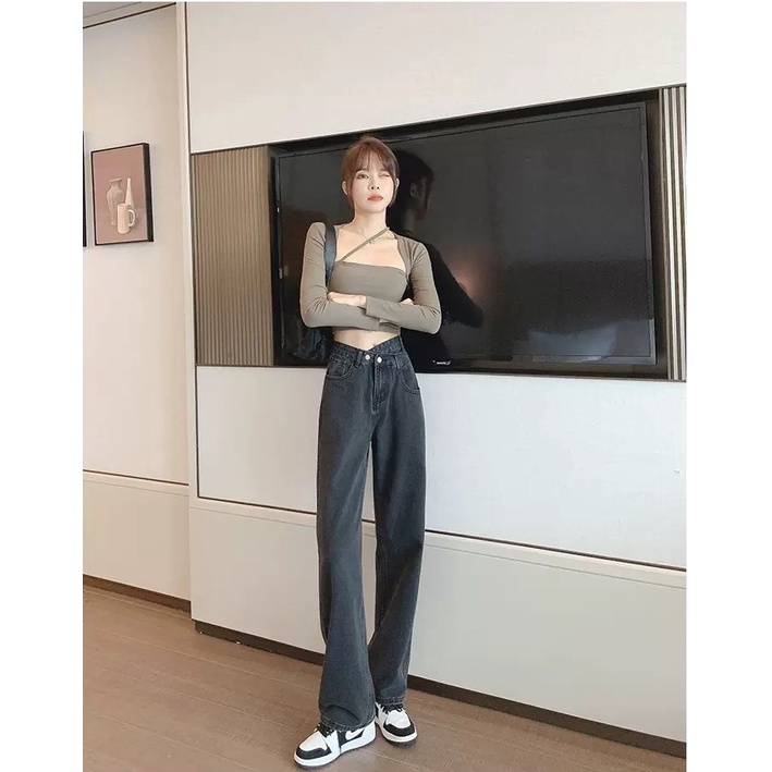 [ SIÊU NGÔNG ] QUẦN JEANS ỐNG RỘNG NỮ LƯNG CAO PHỐI CẠP CHÉO TRƯỚC LƯNG LAI CUỐN MÀU XÁM NHẠT CAO CẤP NITI SIÊU HOT HIT