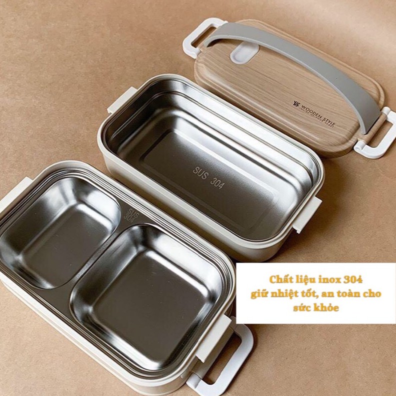 Hộp cơm giữ nhiệt lúa mạch 2 tầng ruột Inox 304 - Hộp cơm văn phòng WOODEN dùng được lò vi sóng